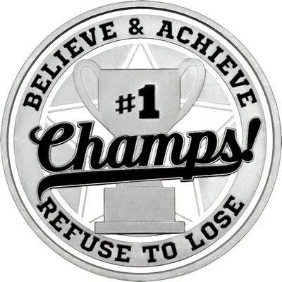 Black "Champs!" with White Outer Circular Borders